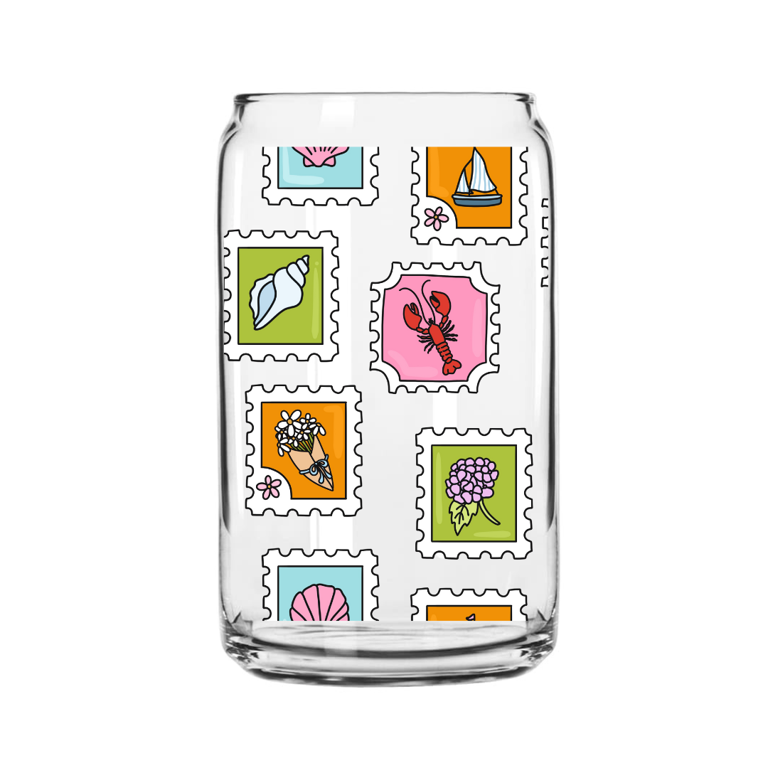Coastal Stamps Glass Can